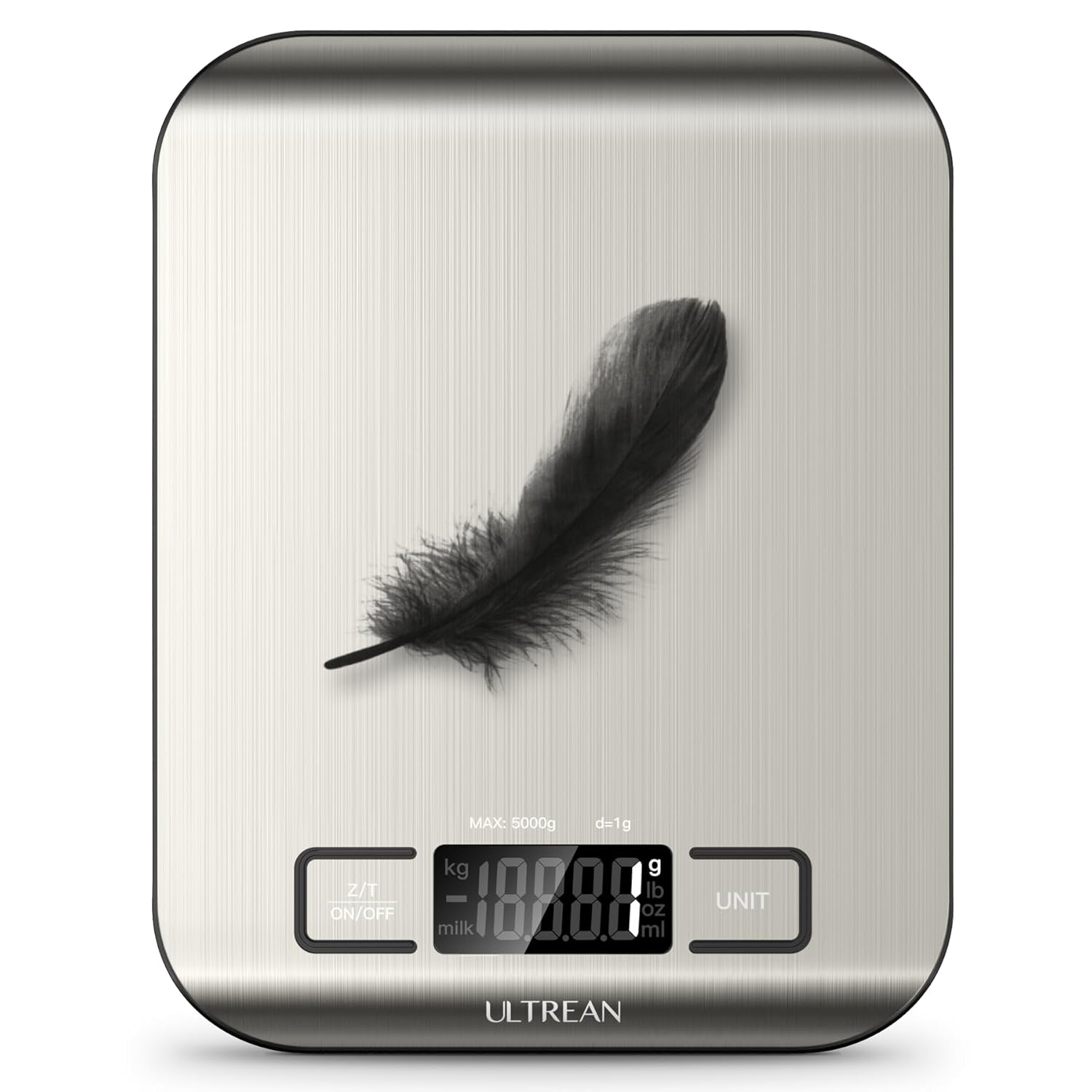 Digital kitchen scale with a feather on top, displaying weight measurement.