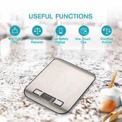 Digital kitchen scale with listed functions on a blurred background