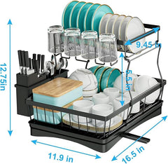 Dish drying rack with measurements on a white background