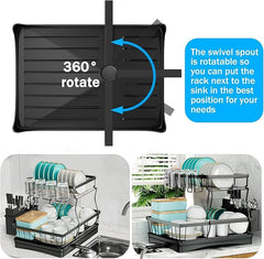 Dish rack with swivel spout feature and usage scenarios in a kitchen.