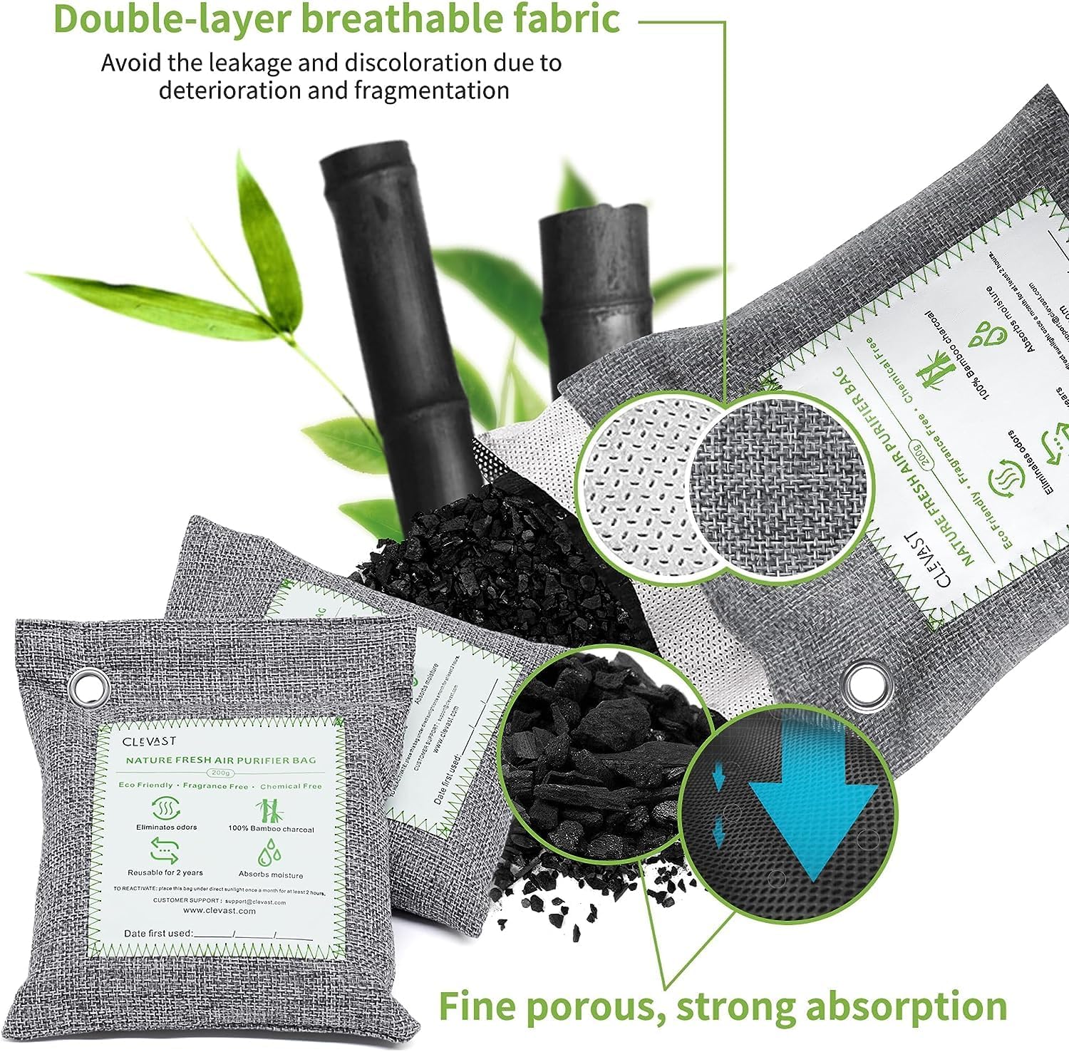 CLEVAST 4 Pack Bamboo Charcoal Air Purifying Bags