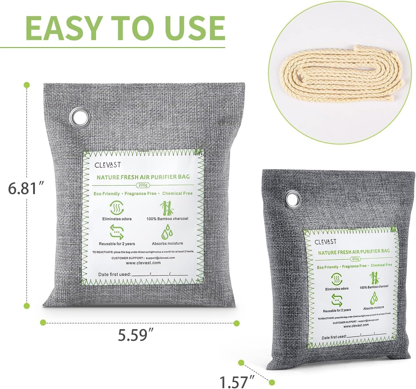CLEVAST 4 Pack Bamboo Charcoal Air Purifying Bags