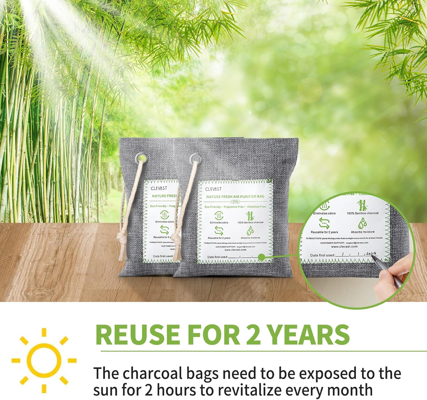 CLEVAST 4 Pack Bamboo Charcoal Air Purifying Bags
