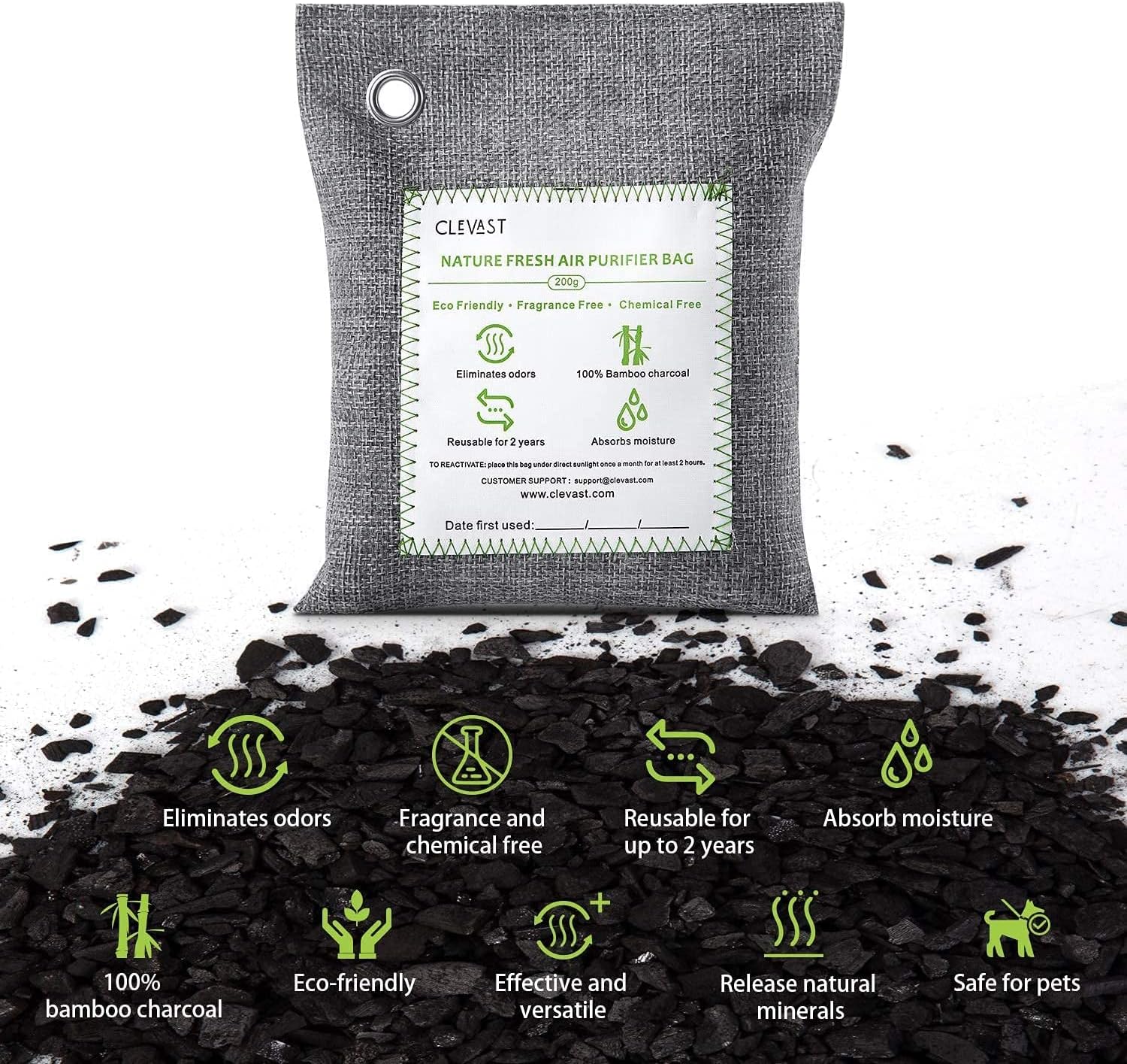 CLEVAST 4 Pack Bamboo Charcoal Air Purifying Bags