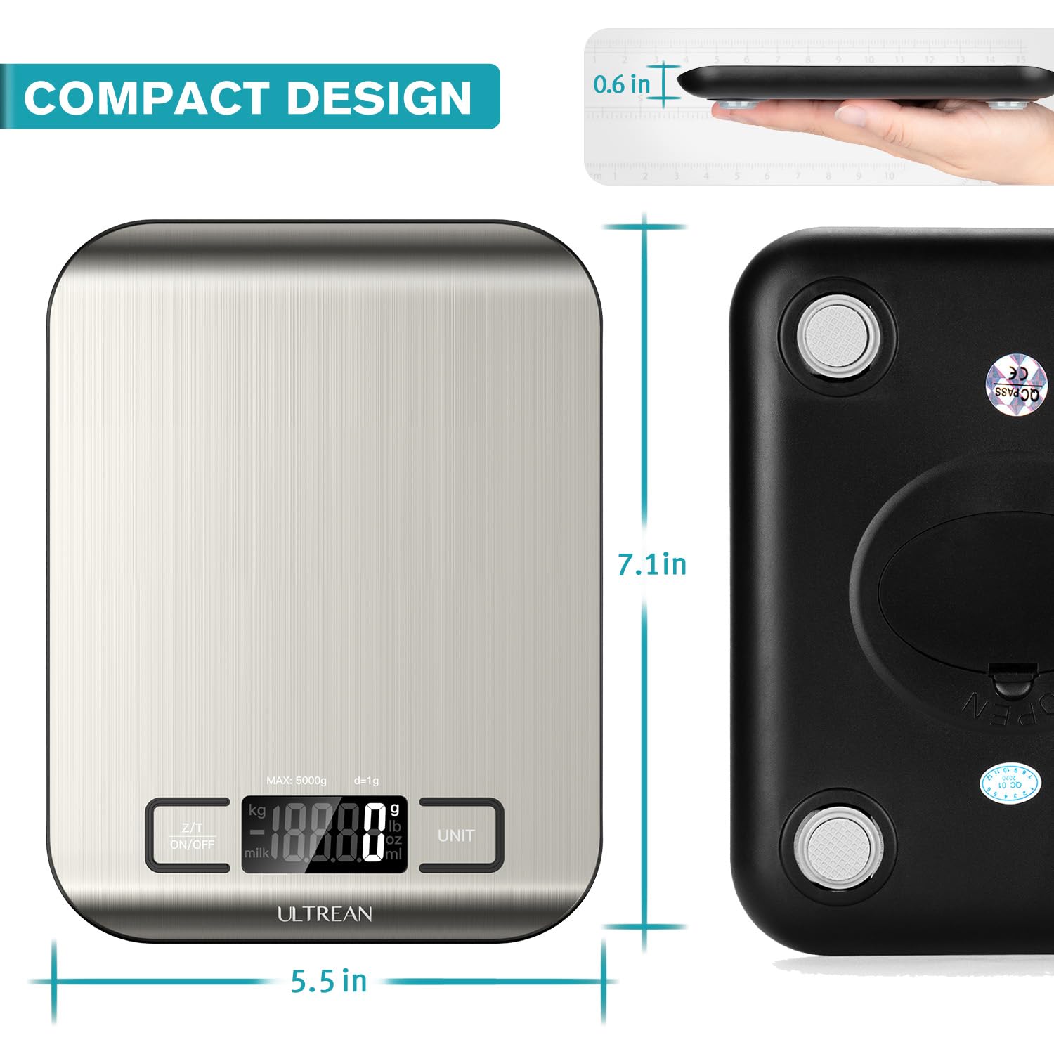 Two kitchen scales, one silver and one black, with dimensions and 'Ultrean' branding.
