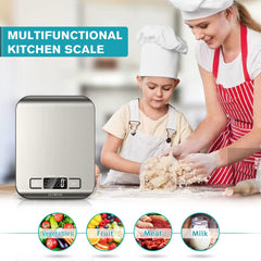 Multifunctional kitchen scale with a woman and child in a kitchen setting, highlighting its use for measuring ingredients.