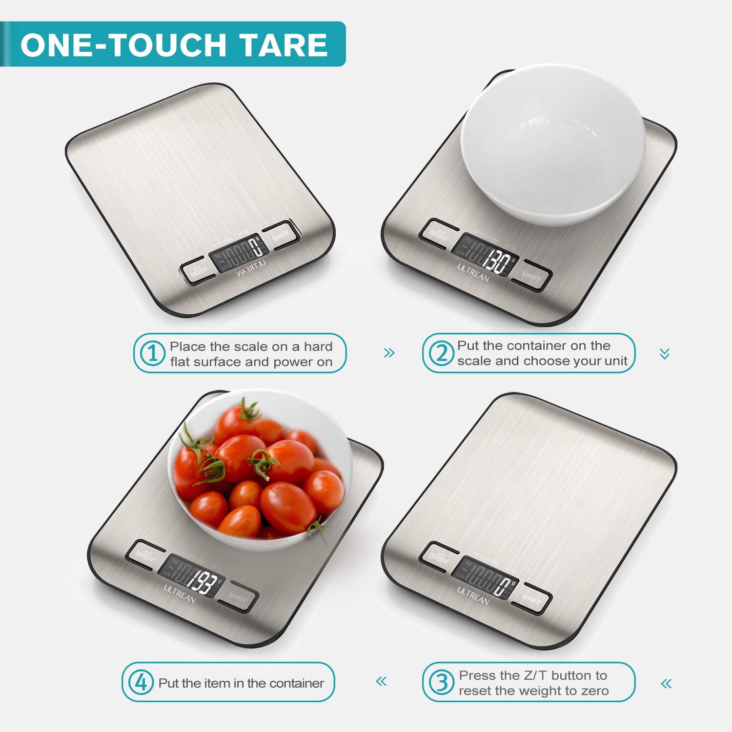 Digital kitchen scale with a bowl of tomatoes on a white background