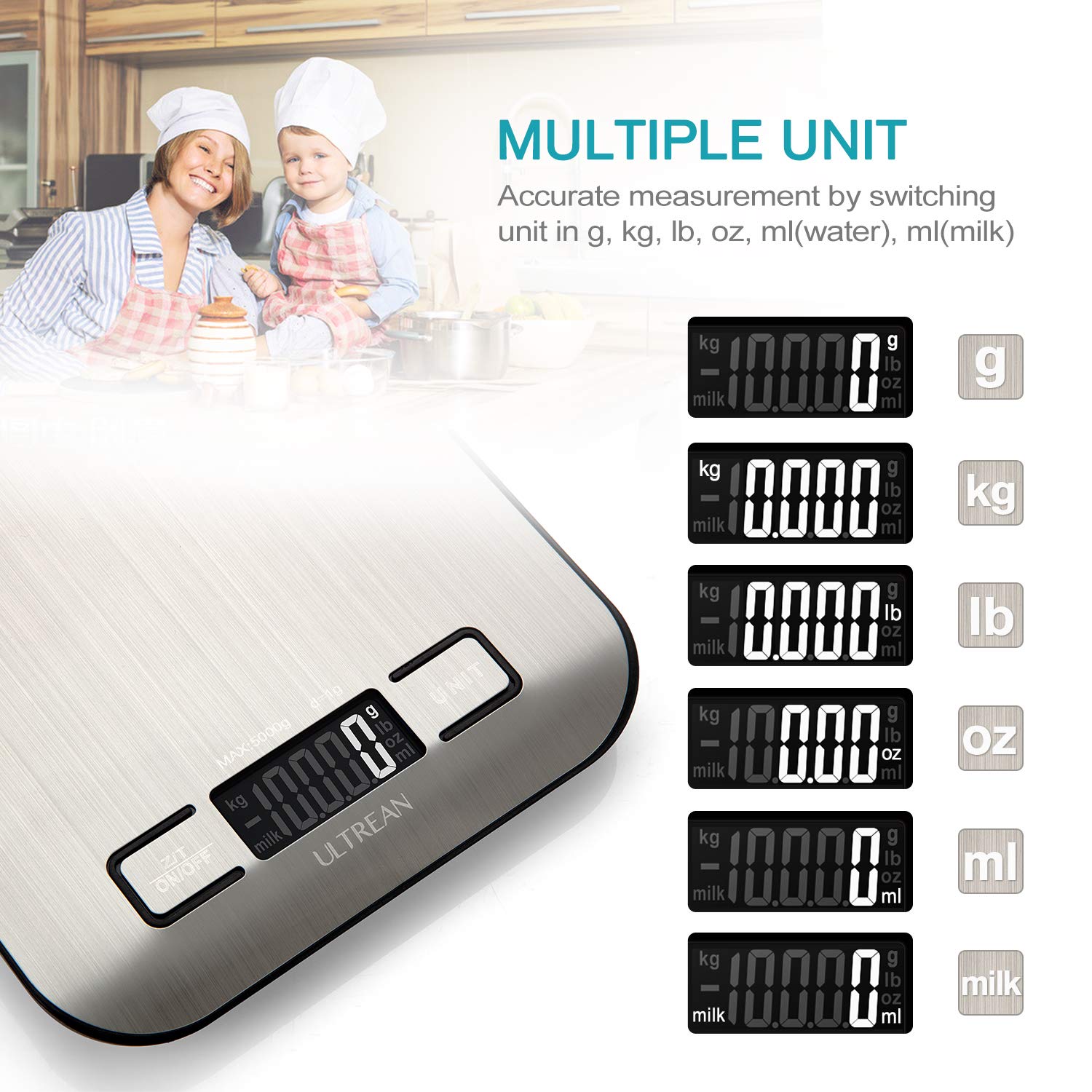 Digital kitchen scale with multiple unit display and family in the background