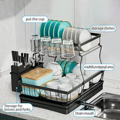 Dish drying rack with labeled features on a kitchen counter.