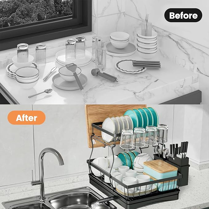 Before and after comparison of a kitchen counter with a dish rack.