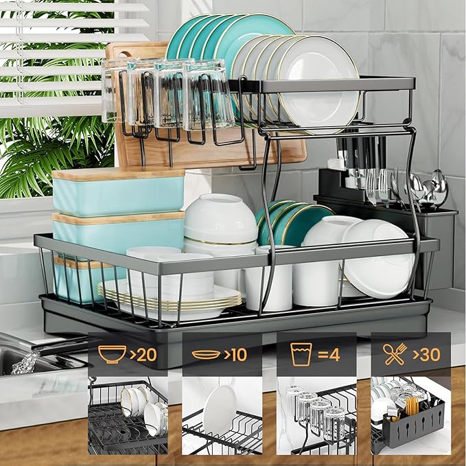 Kitchen dish rack with various dishes on a kitchen counter.